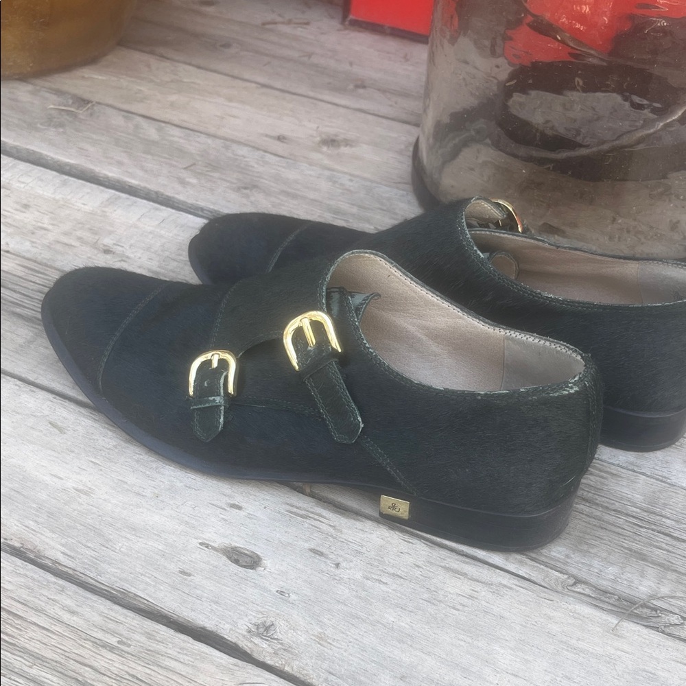 Sam Edelman green Double Monk Haircalf Leather Shoes with Gold Buckles - Picture 2 of 6